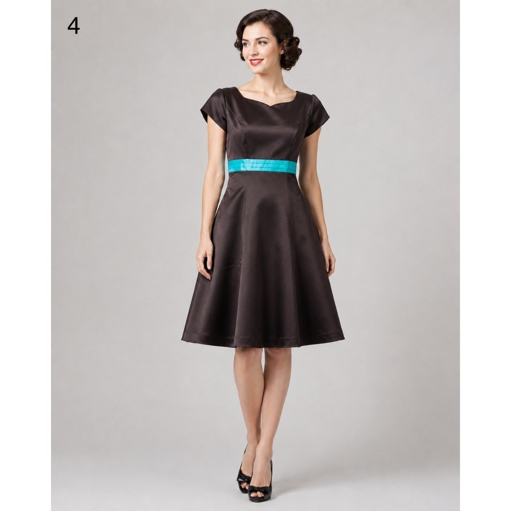 Landa Occasion Dress Womens 12 Brown Turquoise Blue Trim Polyester Zip Back